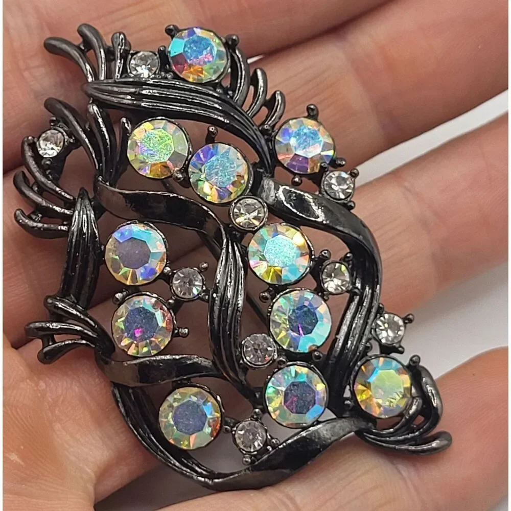 AB Rhinestone Gunmetal Brooch 2.5in